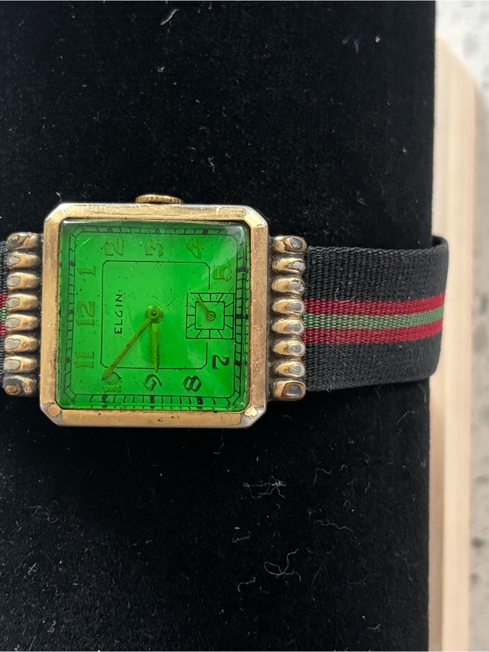 Elgin Men's Square Gold-Tone Watch with Green Dial and Black Strap